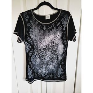 Jostar M Slinky Knit Top Vintage Size Med Black White Floral‎ *Size Tag Missing*